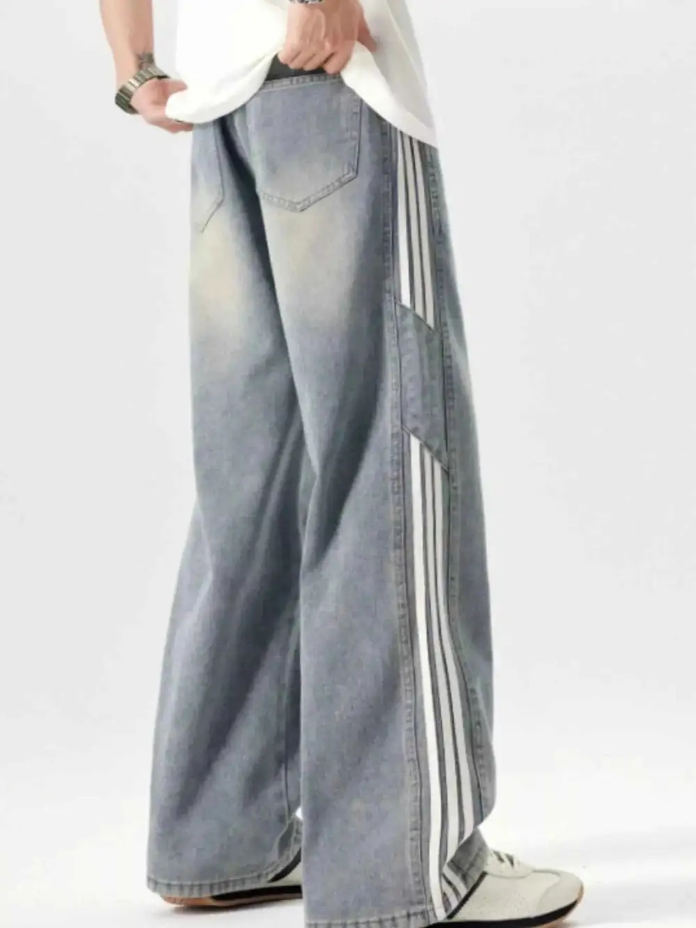 Washed Side Stripe Wide Leg Jeans