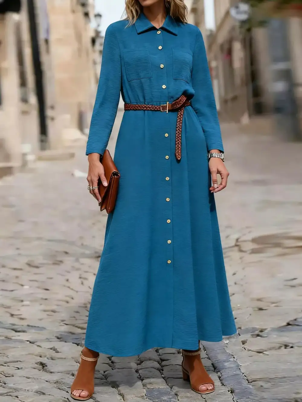 Button Front Long Sleeve Dress Casual