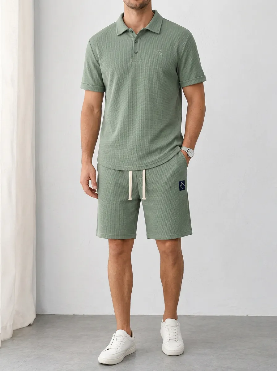 Men's Sage Green Waffle Knit Polo Shirt Set