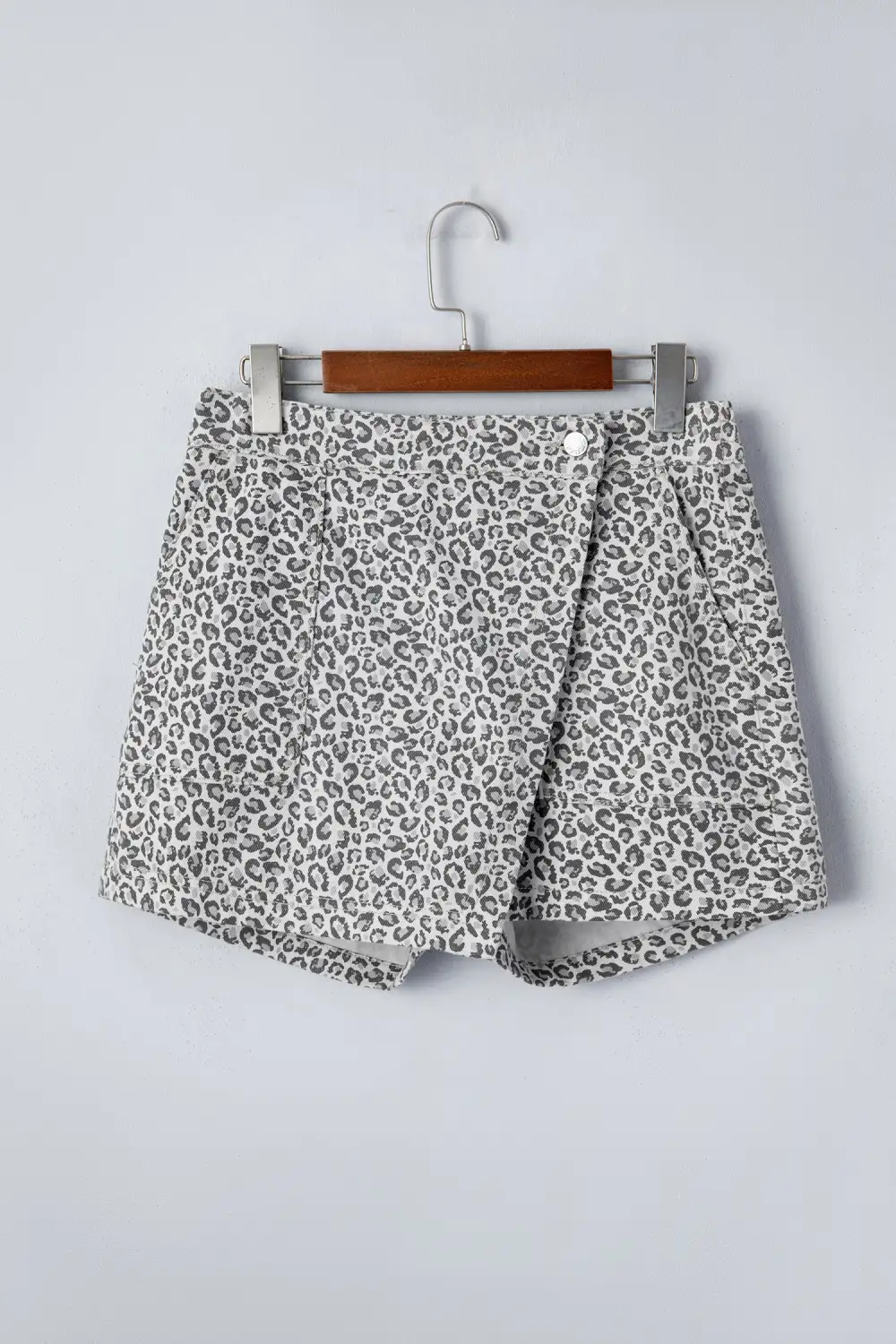 Leopard Print Wrap Front Denim Shorts