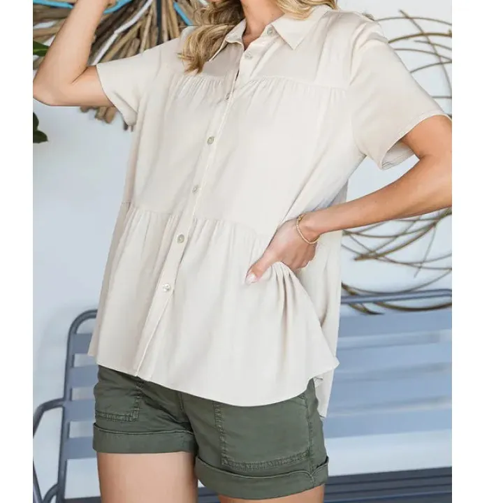 Lime N Chili Solid Babydoll Short Sleeve Button Down Shirt