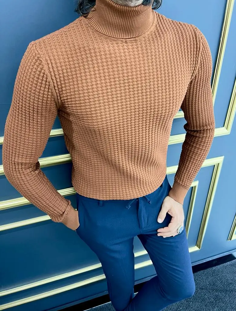 Modern Slim Fit Textured Cotton Turtleneck Sweater