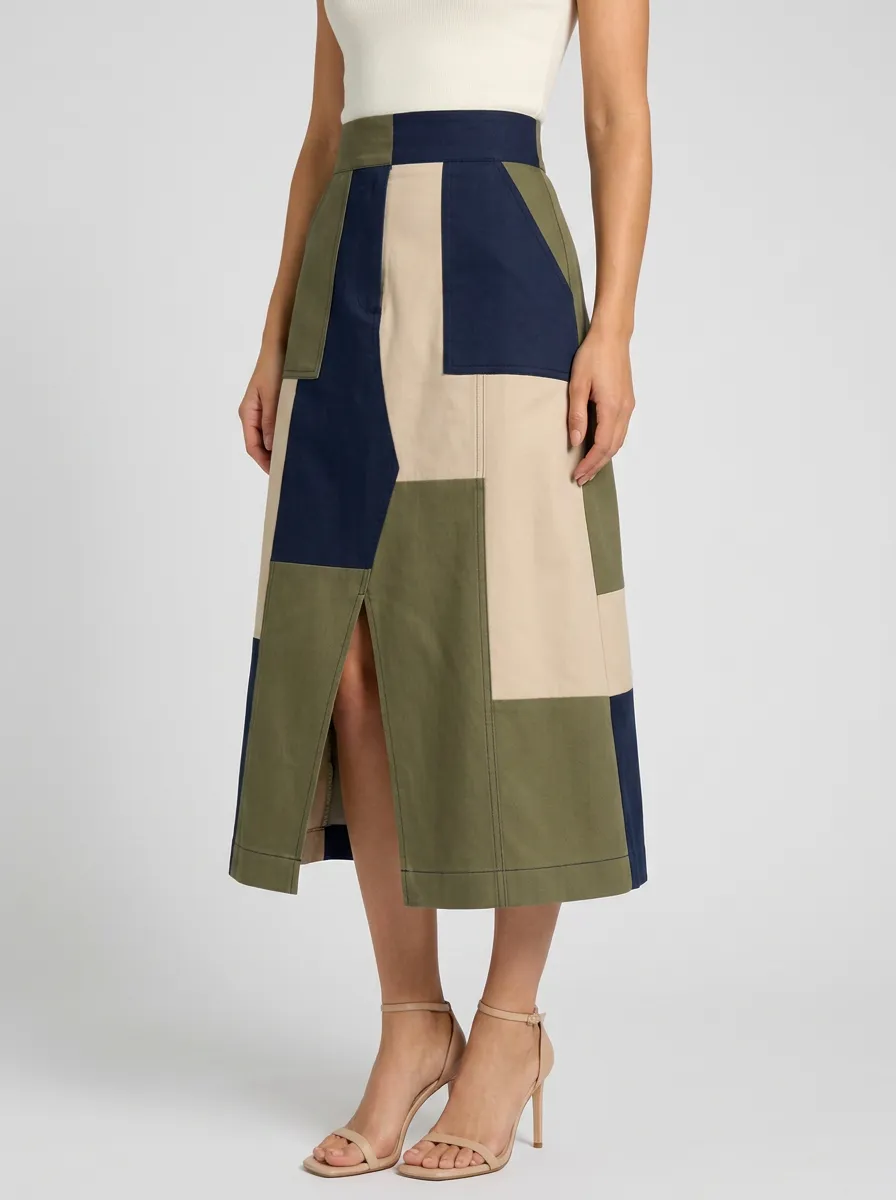 Women's Casual Style Colorblock Patchwork Printed Midi Skirt