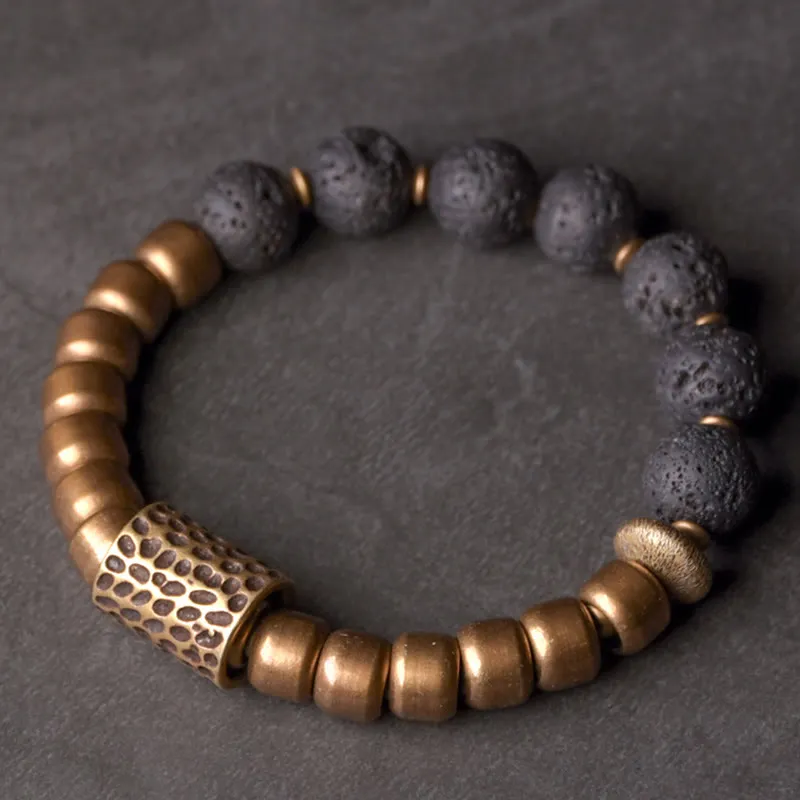 Lava Rock Stone Obsidian Brass Bracelet