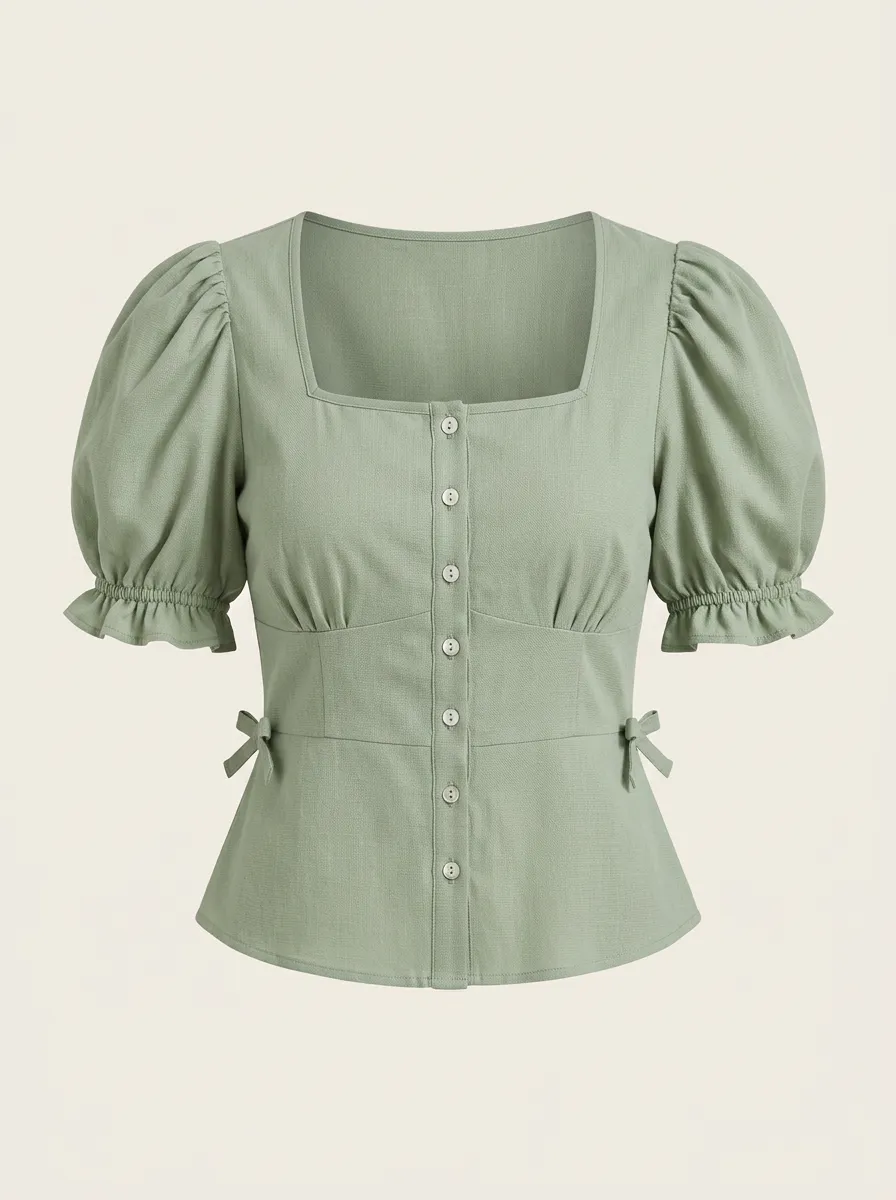 Women's Sage Green Square Neck Puff Sleeve Bow Tie Button Up Top