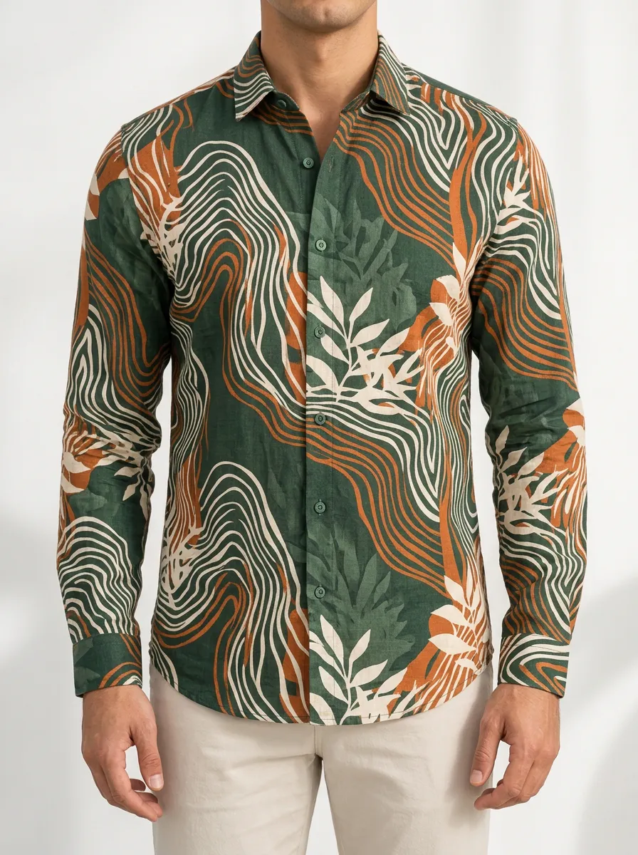 Men's Botanical Wave Abstract Long Sleeve Button Shirt