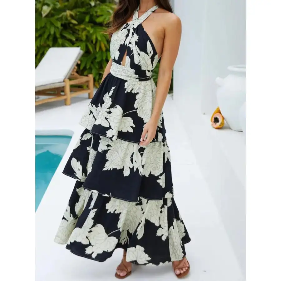 Printed Halter Neck Tiered Maxi Dress