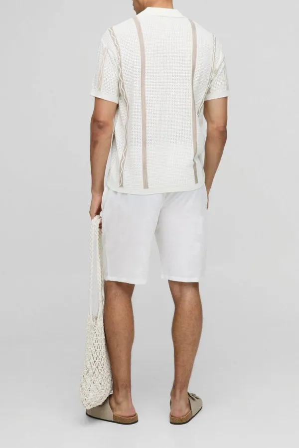 Relaxed Fit Open Stitch Border Stripe Knitted Acrylic Shirt Cropped Ecru