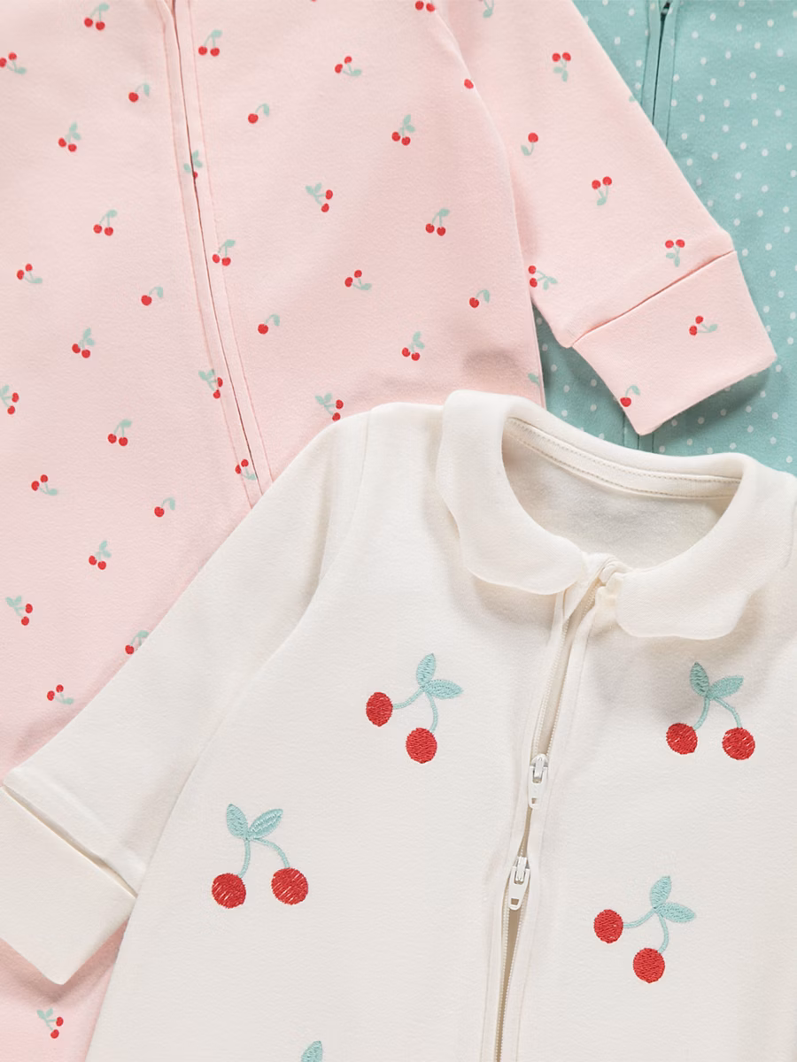 Cherry Embroidery Zip Fasten Sleepsuits 3 Pack detail 1