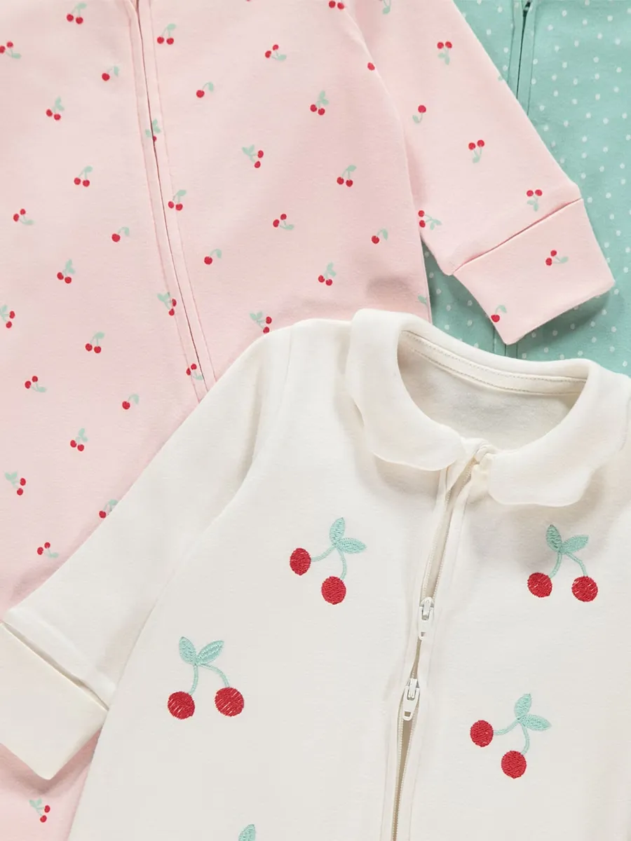 Cherry Embroidery Zip Fasten Sleepsuits 3 Pack