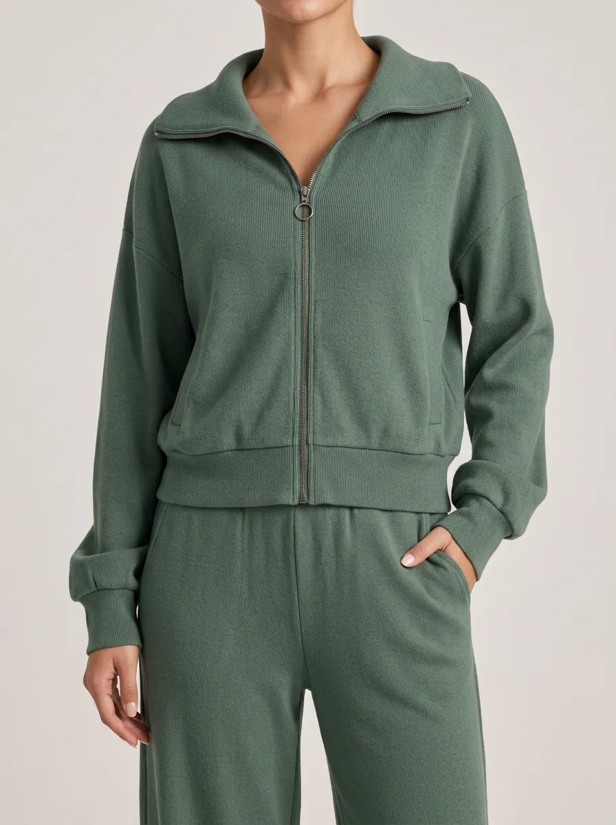 Versatile Zip Front Relaxed Fit Pocket Detail Women's Long Sleeve Zip Two Piece Set