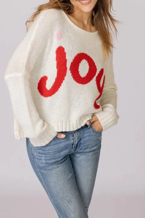 Women's White Joy Graphic Oversized Sweater
