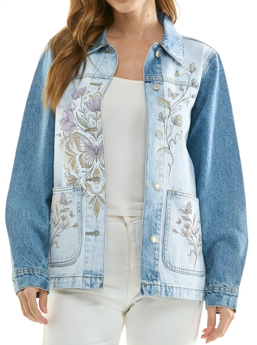 Women's Floral Butterfly Nature Art Printed Denim Jacket