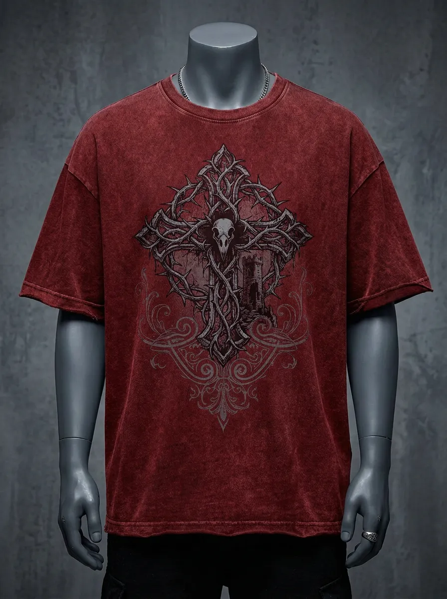 Statement Skull Thorn Cross Silhouette Men's Gothic T-Shirt