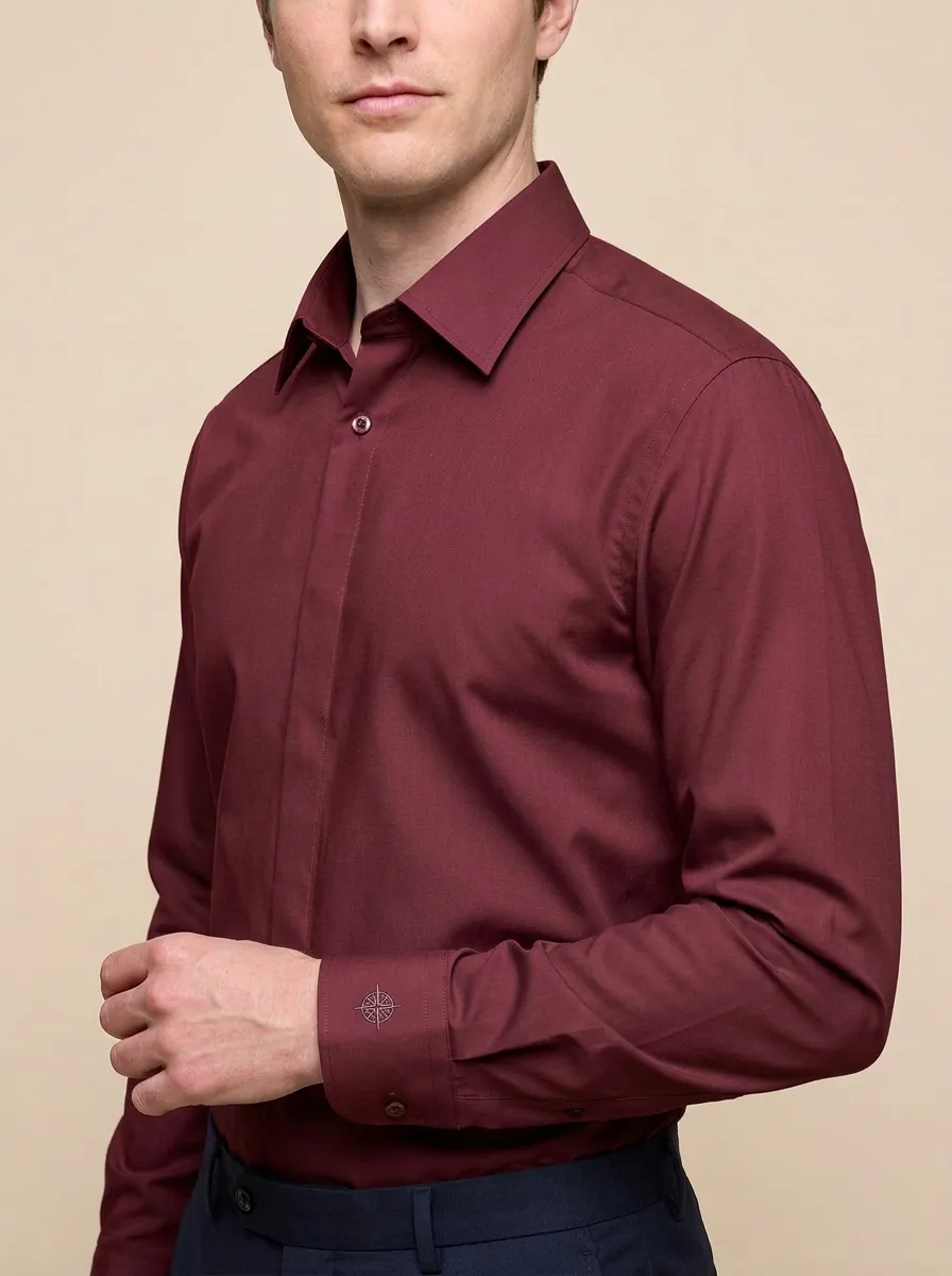 Men's Non-Iron Cotton Compass Embroidered Long Sleeve Shirt