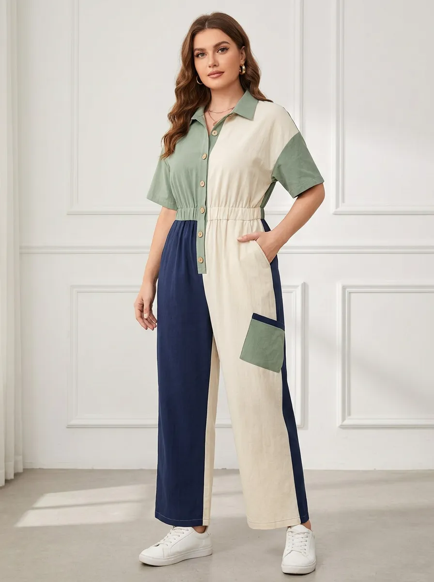 Women's Casual Colorblock Patchwork Button Down Jumpsuit