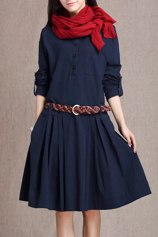Linen Cotton Pleated Long Sleeve Midi Dress