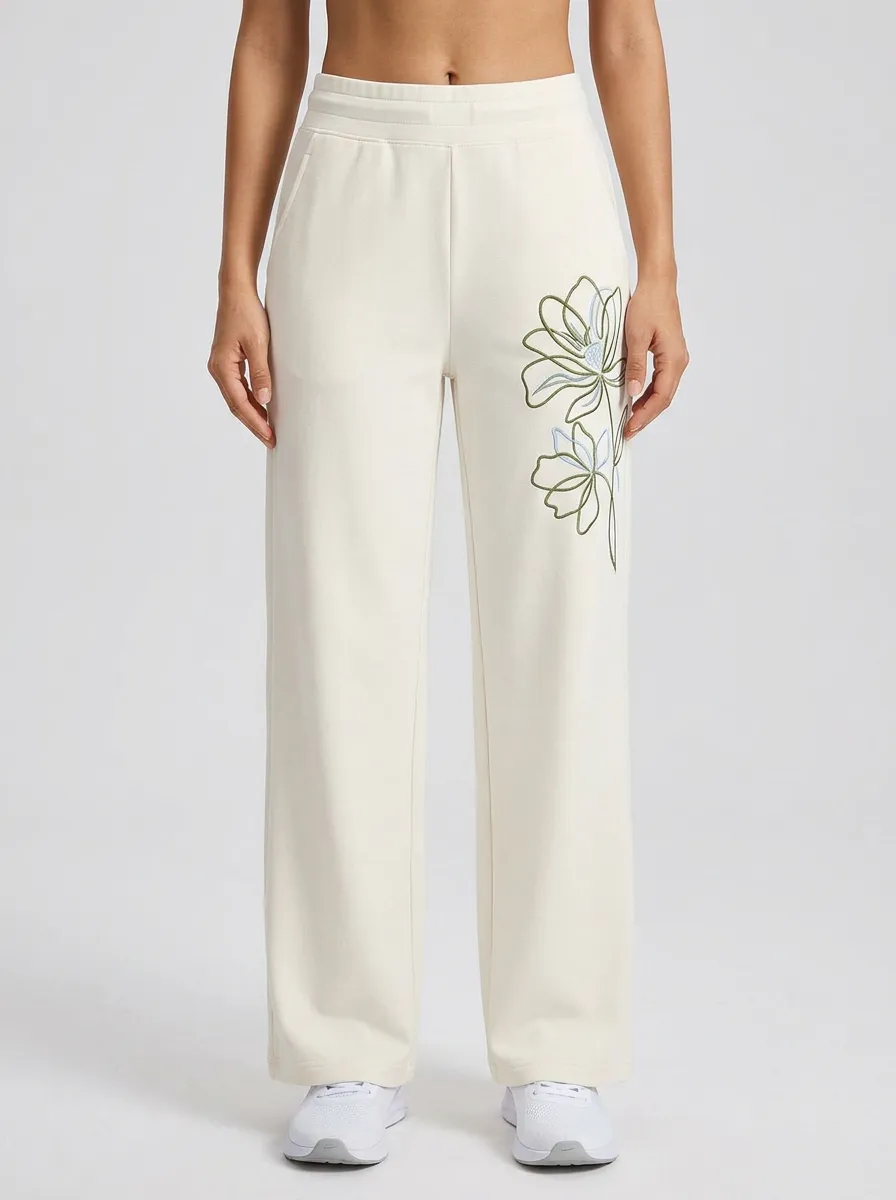 Women's Off-White Floral Embroidered Wide-Leg Sweatpants
