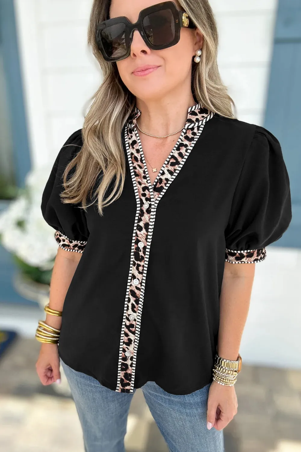 Black V Neck Short Puff Shirt