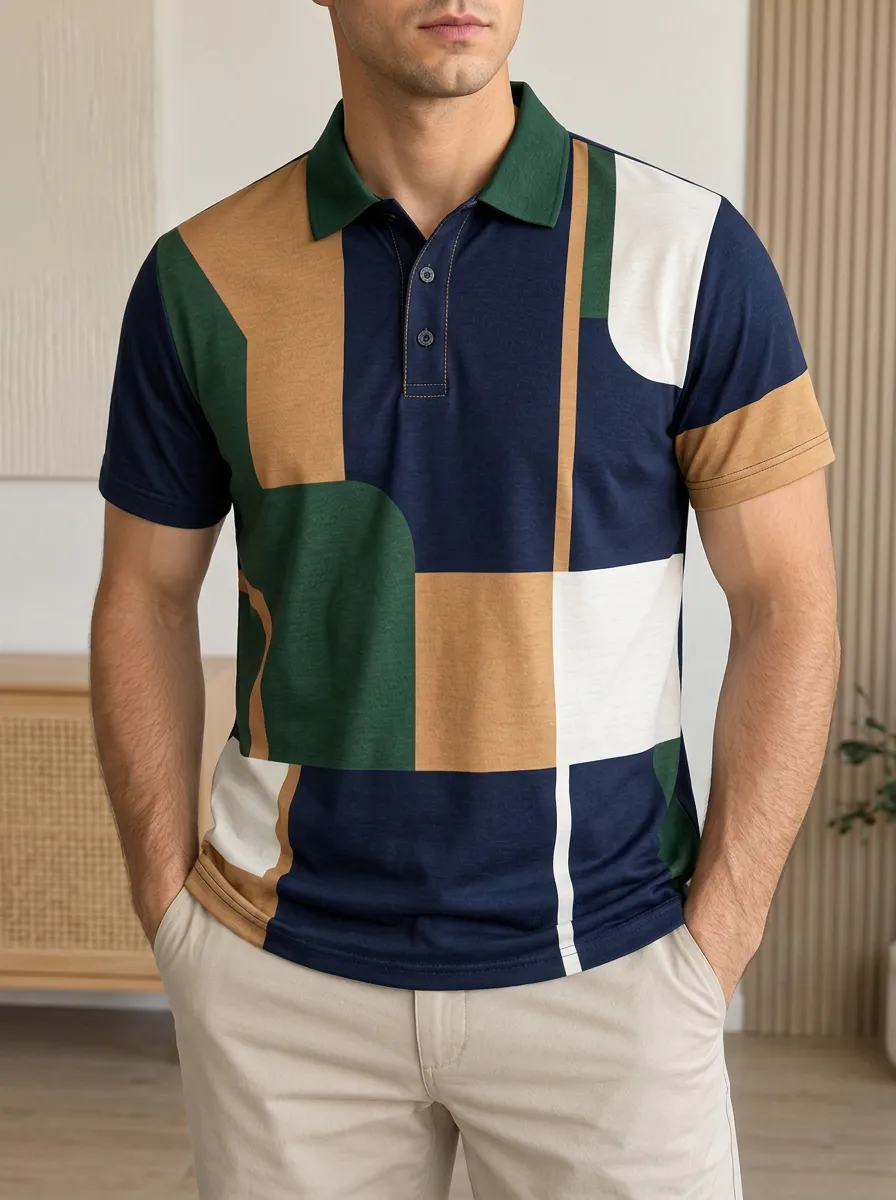 Men's Geometric Colorblock Pattern Printed Polo Shirt Weekend Casual Style