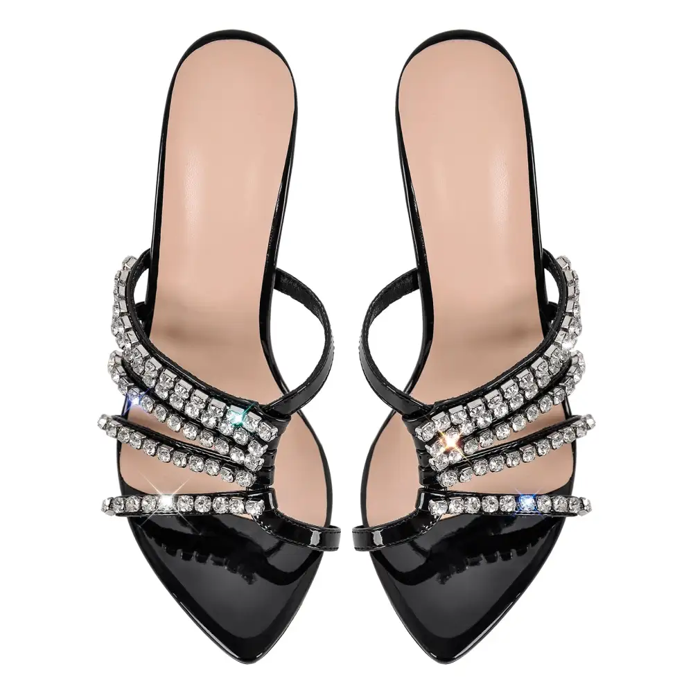 Rhinestone Pointed Toe Strap Stiletto Mule Sandals