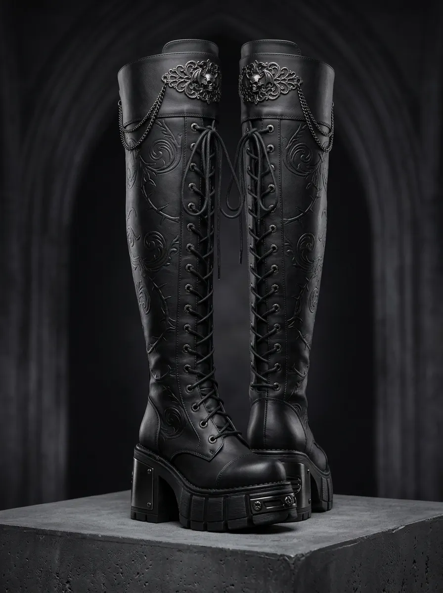 Dramatic Skull Floral Lace Street Look Women's Gothic Platform Boots