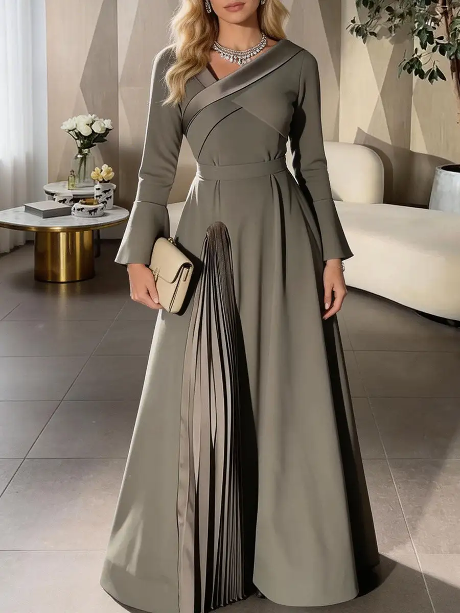 Pleated Wrap Neck Maxi Dress
