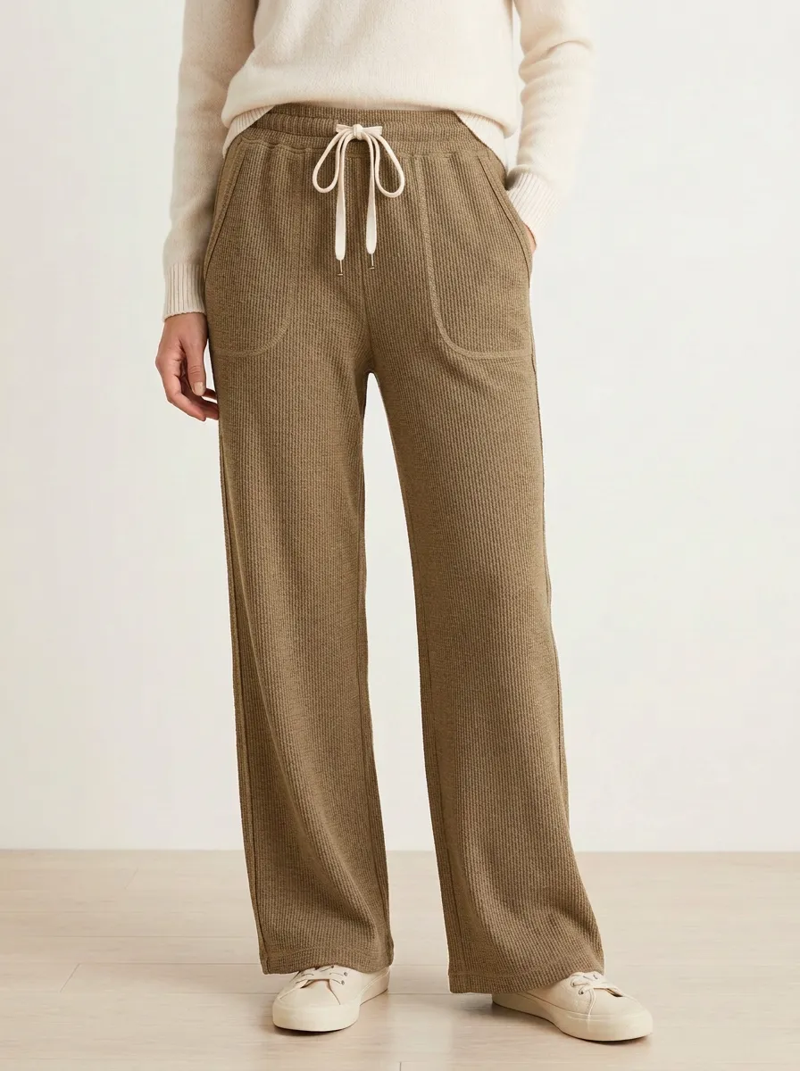 Women's Casual Lounge Waffle Knit Drawstring Wide Leg Pants