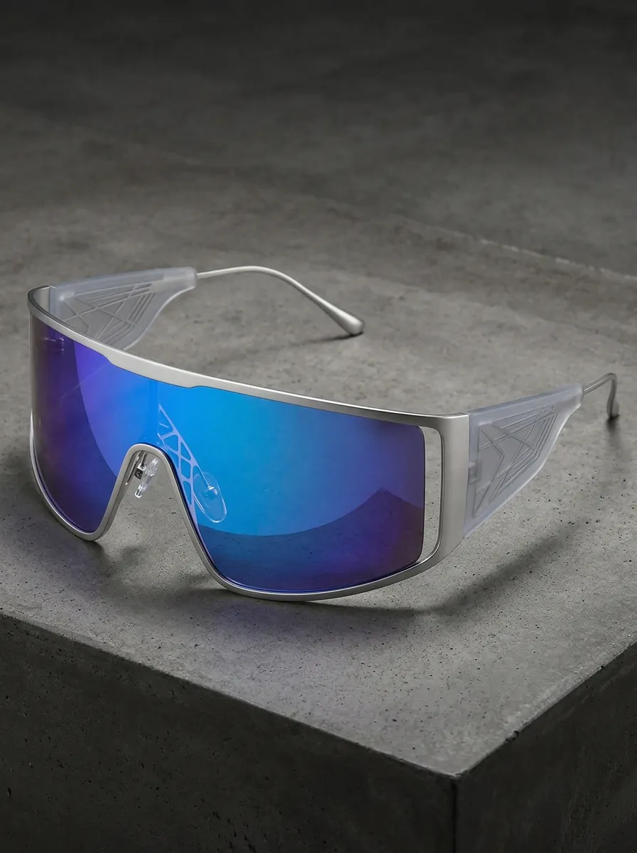 Unisex Cyberpunk Futuristic Blue Mirror Shield Sunglasses
