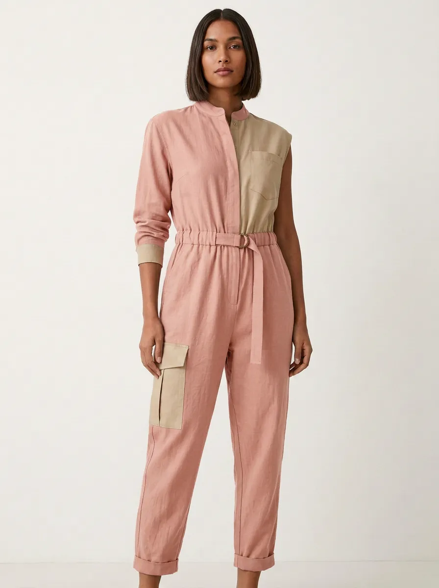 Women's Colorblock Asymmetric Belted Jumpsuit