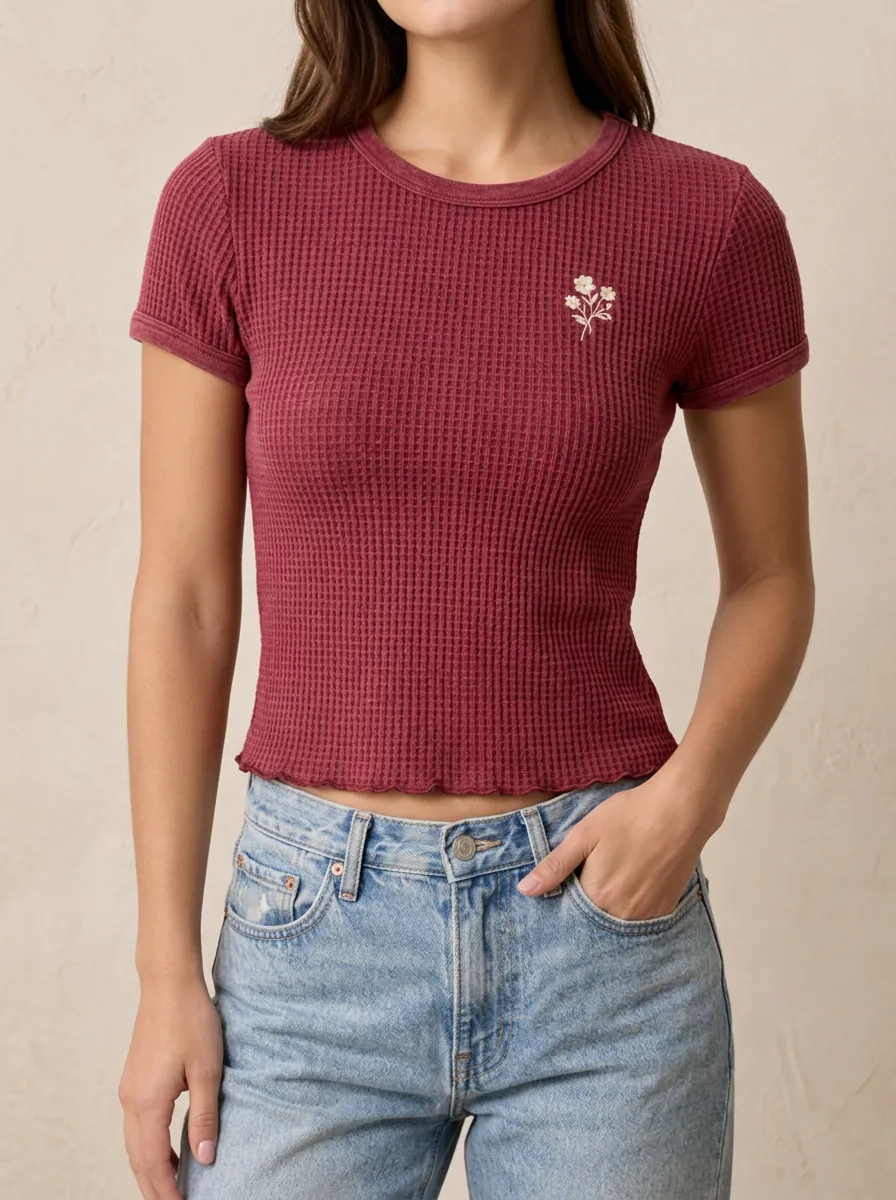 Modern Weekend Floral Minimalist Embroidered Waffle Knit Printed Top