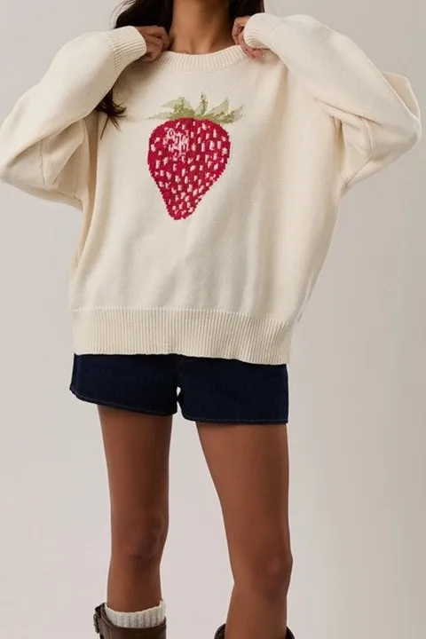 Cream Strawberry Embroidered Sweater