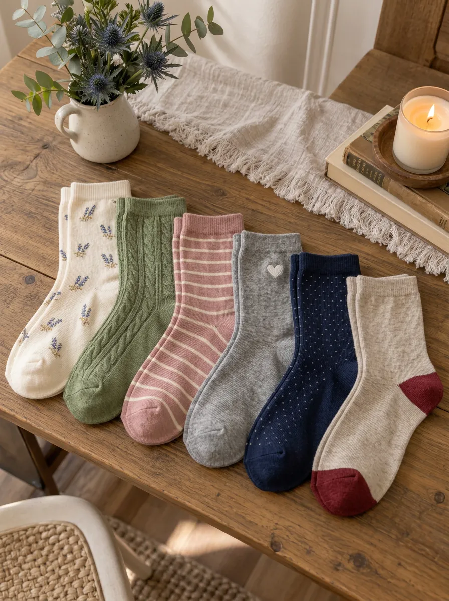 Women's Assorted Floral Heart Polka Dot Cable Knit Ribbed Striped Embroidered 6-Pack Crew Sock Set