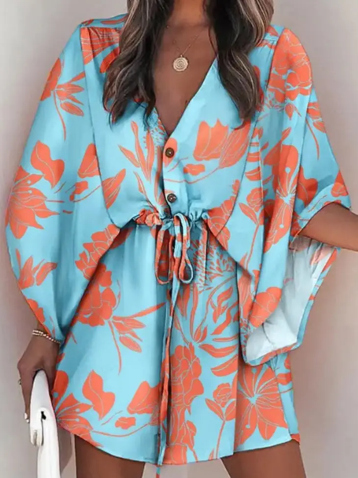 Original Relaxed Floral Printed Contrast Color Tied Mini Shirt Dress