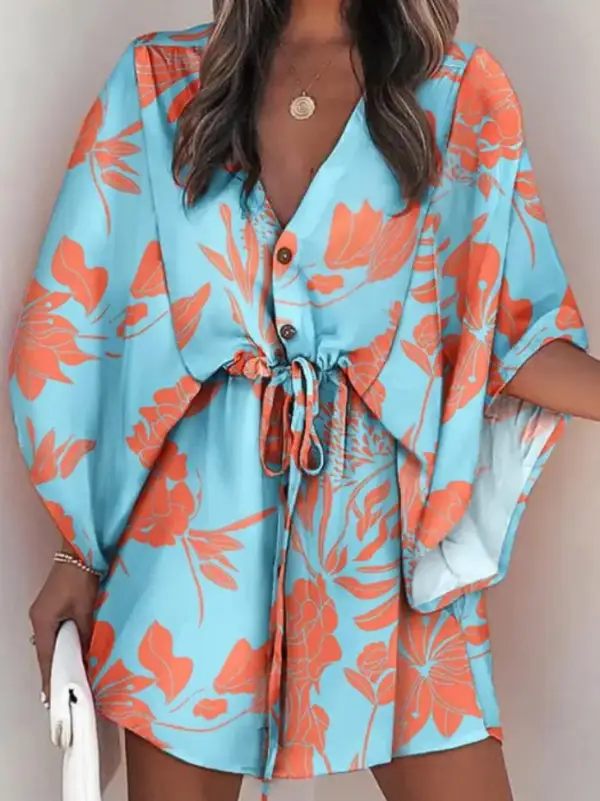 Original Relaxed Floral Printed Contrast Color Tied Mini Shirt Dress