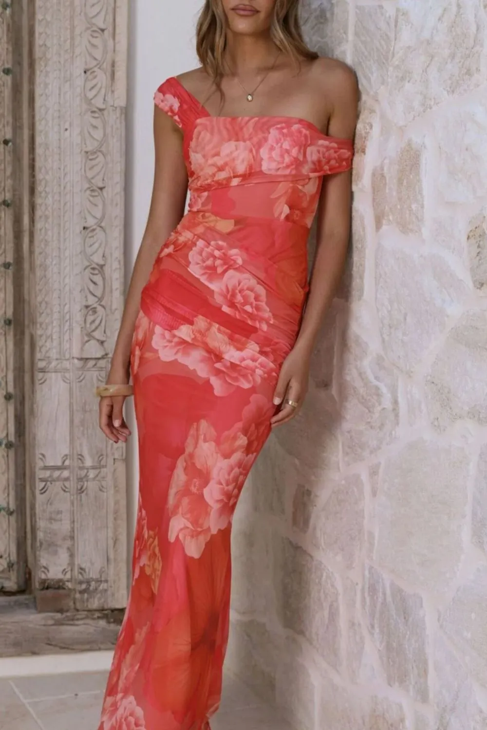 Classic Floral Print One Shoulder Ruched Maxi Dress