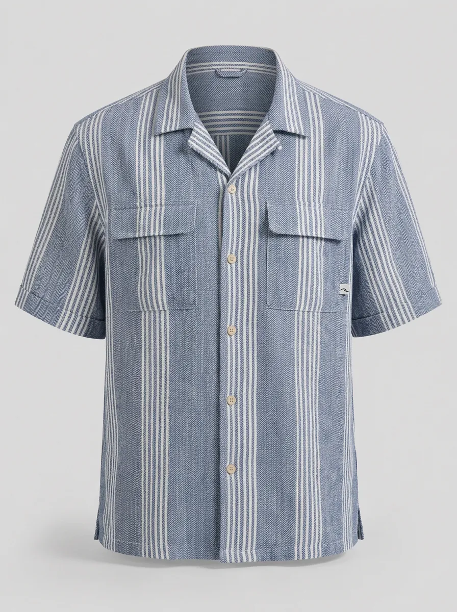 Men's Casual Summer Herringbone Striped Printed Short Sleeve Shirt