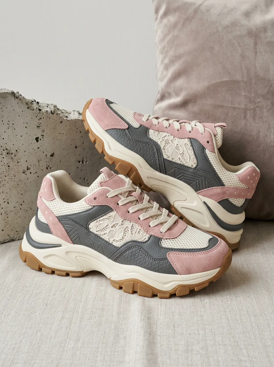 Women's Casual Fashion Lace Patchwork Pink Grey Printed Sneakers