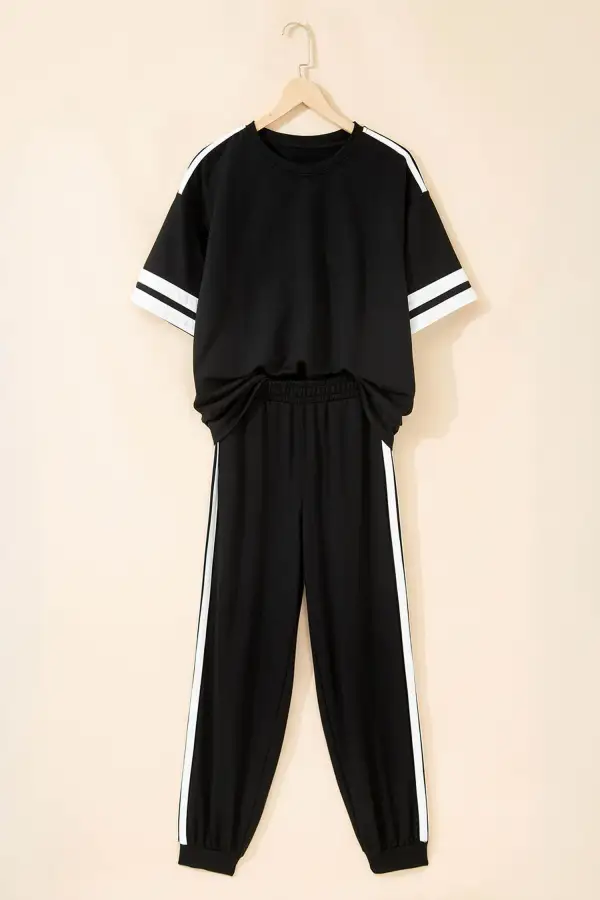 Women's Varsity Striped Detail Loose Tee Jogger Pants Two Piece Outfit