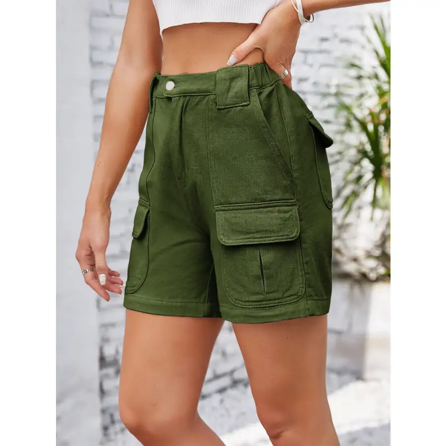 High Waist Pocketed Washed Denim Shorts