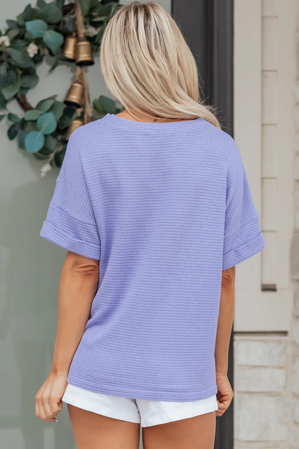 Wisteria Waffle V Neck Short Sleeve Top