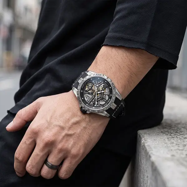 Sollen SL326 Men's Skeleton Automatic Mechanical Watch - 43mm 316L Stainless Steel Case Sapphire Crystal Multi-Layer Dial Leather-Pattern Silicone Strap Wristwatch