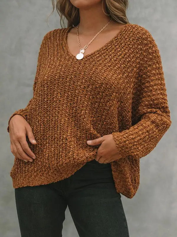 V-Neck Long Sleeve Relaxed Fit Pullover Sweater