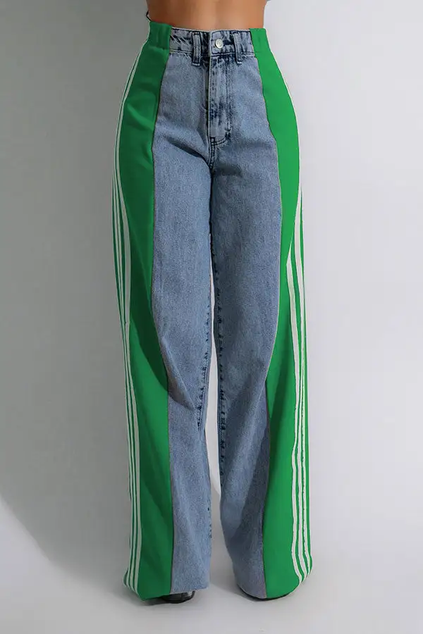 Colorblock Patchwork Washed Wide-Leg Jeans