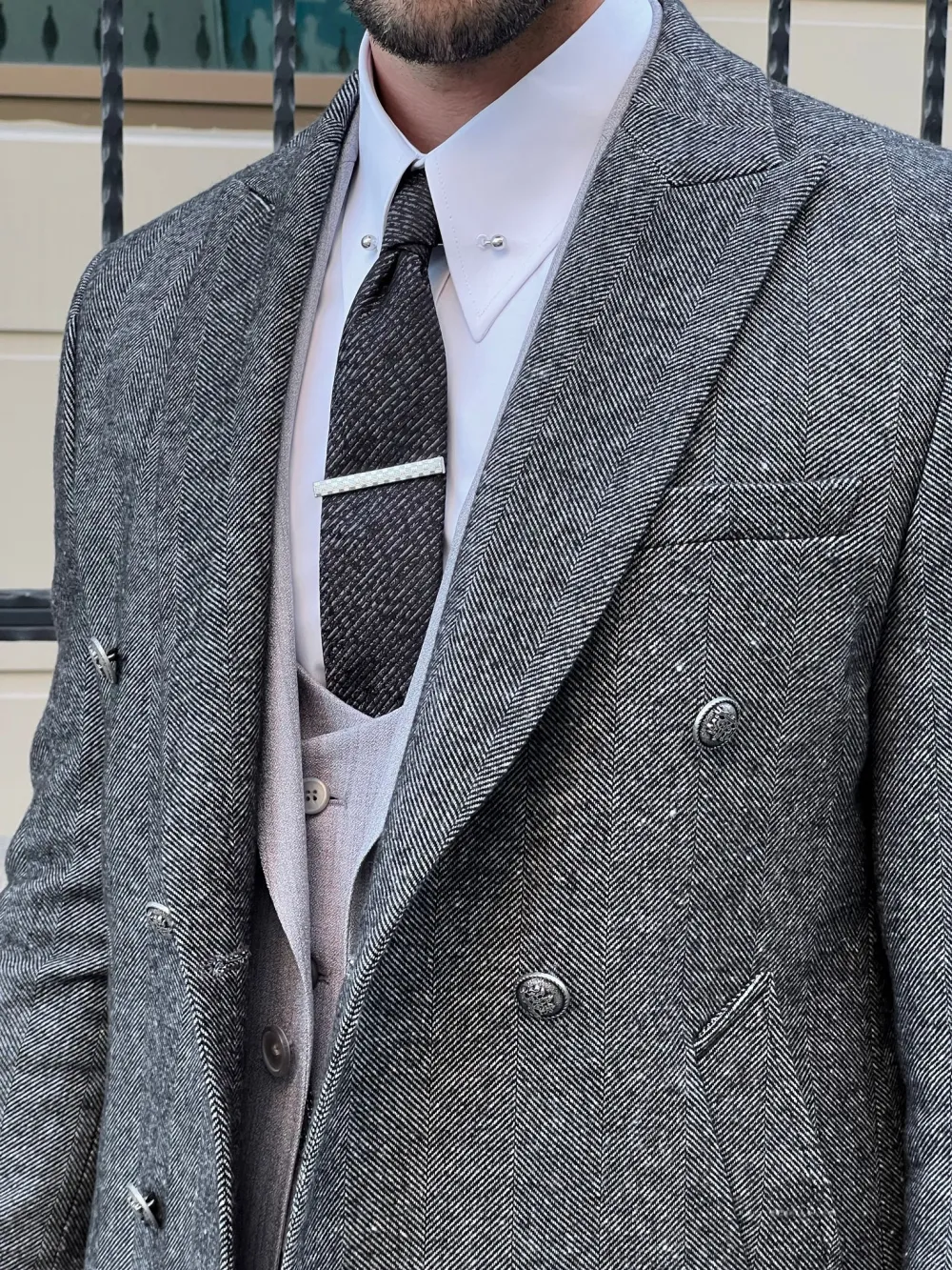 Refined Double Breasted Slim Fit Wool Tailored Coat