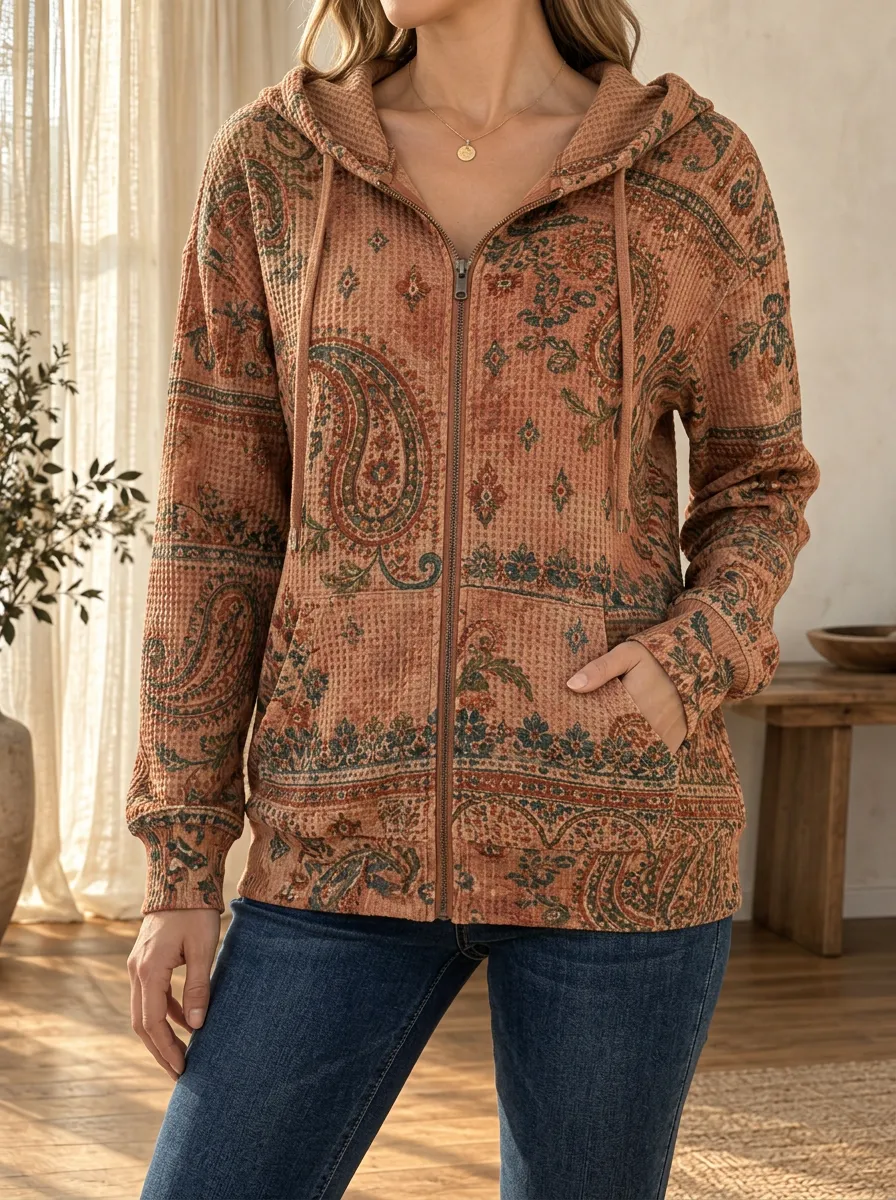 Women's Boho Paisley Signature Expression Waffle Zip-Up Hoodie