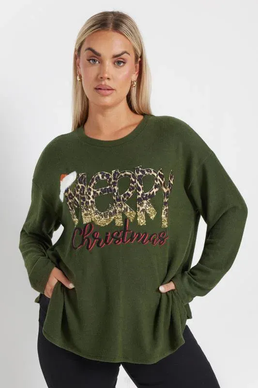 Khaki Green 'Merry Christmas' Sequin Embellished Sweatshirt
