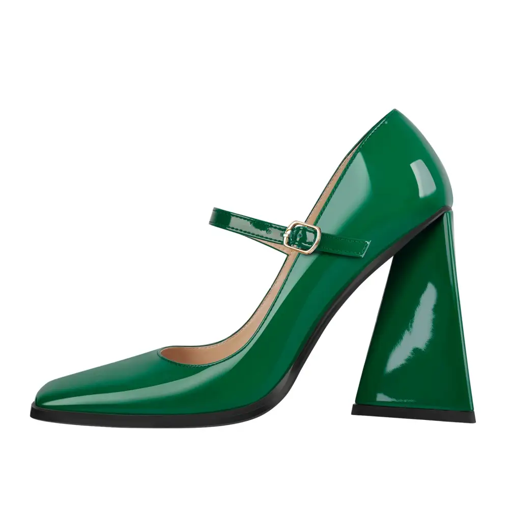 Patent Finish Square Toe Chunky Heel Pumps