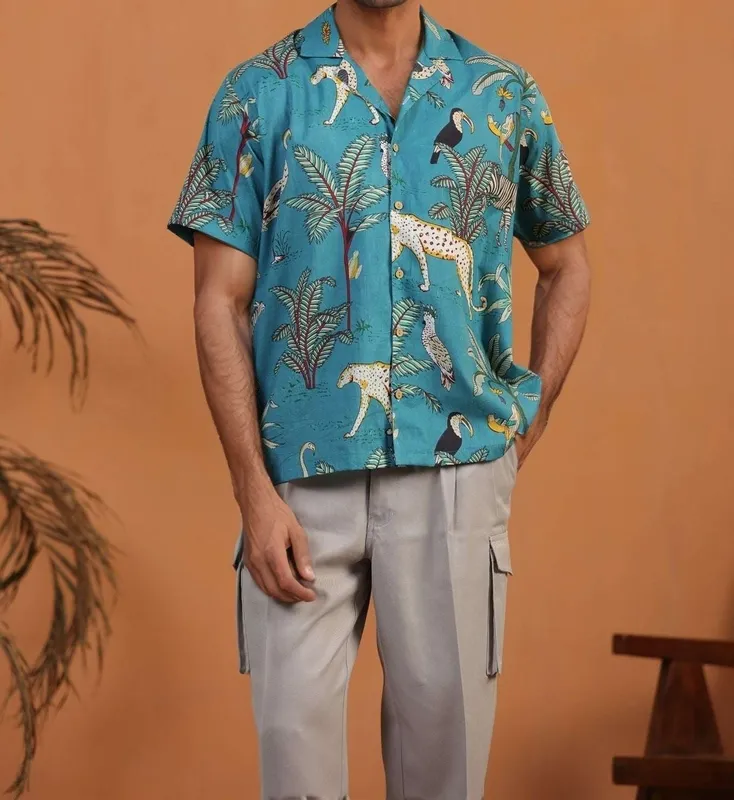 Turquoise Jungle Print Mulmul Cotton Camp Collar Shirt
