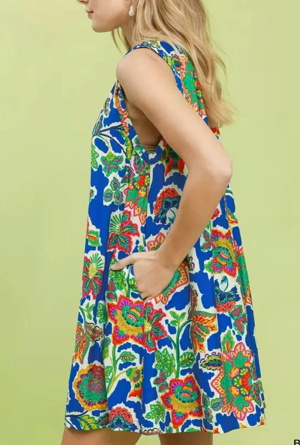 Everyday Abstract Print Sleeveless Shift Pocketed Dress